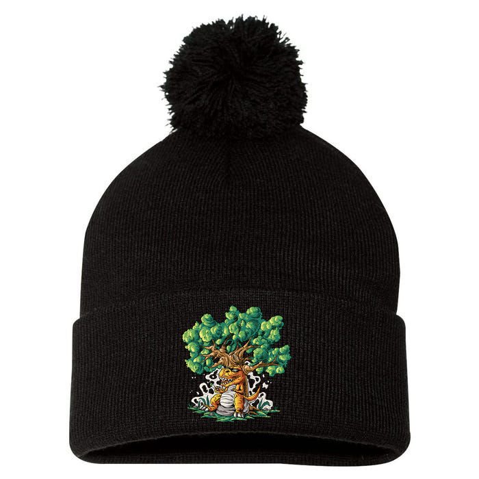 T Rex Smoking Joint Under A Tree Pom Pom 12in Knit Beanie