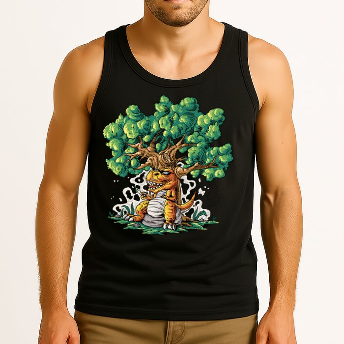 T Rex Smoking Joint Under A Tree Tank Top