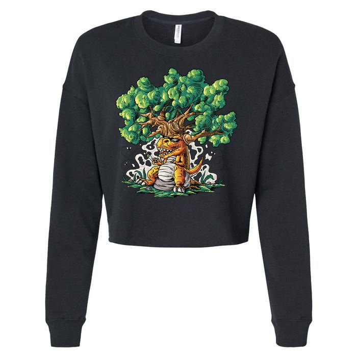 T Rex Smoking Joint Under A Tree Cropped Pullover Crew
