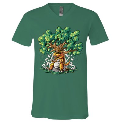 T Rex Smoking Joint Under A Tree V-Neck T-Shirt