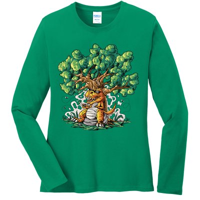 T Rex Smoking Joint Under A Tree Ladies Long Sleeve Shirt