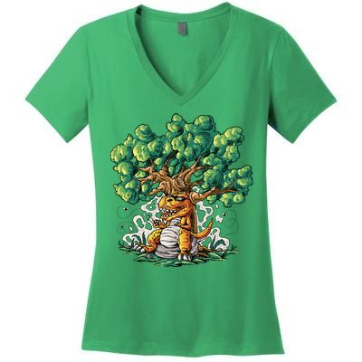 T Rex Smoking Joint Under A Tree Women's V-Neck T-Shirt