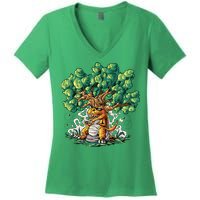 T Rex Smoking Joint Under A Tree Women's V-Neck T-Shirt