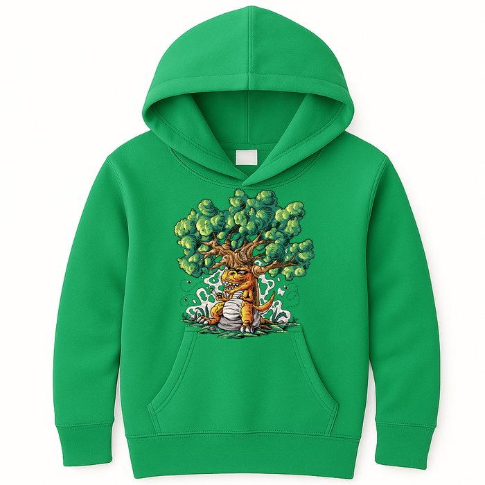 T Rex Smoking Joint Under A Tree Kids Hoodie