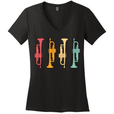 Trumpeter Retro Trumpet Silhouette For Trumpet Player Women's V-Neck T-Shirt