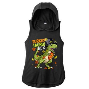 Turkeysaurus Rex Turkey Dino Thanksgiving Ladies PosiCharge Tri-Blend Wicking Draft Hoodie Tank