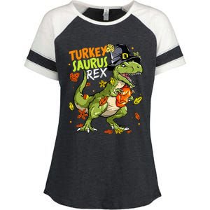 Turkeysaurus Rex Turkey Dino Thanksgiving Enza Ladies Jersey Colorblock Tee