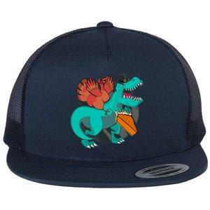 Turkey Riding Trex Dinosaur Thanksgiving Day Pilgrim Pumpkin Gift Flat Bill Trucker Hat