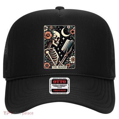 The Reader Tarot Card Skeleton Reading Book Bookworm Bookish High Crown Mesh Back Trucker Hat