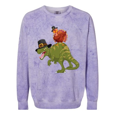 Turkey Riding Trex Dinosaur Thanksgiving Day Pilgrim Gift Colorblast Crewneck Sweatshirt