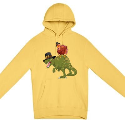 Turkey Riding Trex Dinosaur Thanksgiving Day Pilgrim Gift Premium Pullover Hoodie