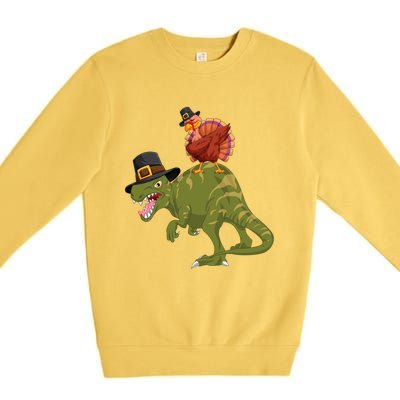 Turkey Riding Trex Dinosaur Thanksgiving Day Pilgrim Gift Premium Crewneck Sweatshirt