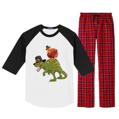 Turkey Riding Trex Dinosaur Thanksgiving Day Pilgrim Gift Raglan Sleeve Pajama Set