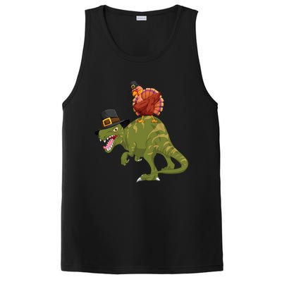 Turkey Riding Trex Dinosaur Thanksgiving Day Pilgrim Gift PosiCharge Competitor Tank