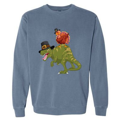 Turkey Riding Trex Dinosaur Thanksgiving Day Pilgrim Gift Garment-Dyed Sweatshirt