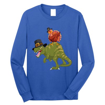 Turkey Riding Trex Dinosaur Thanksgiving Day Pilgrim Gift Long Sleeve Shirt