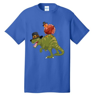 Turkey Riding Trex Dinosaur Thanksgiving Day Pilgrim Gift Tall T-Shirt