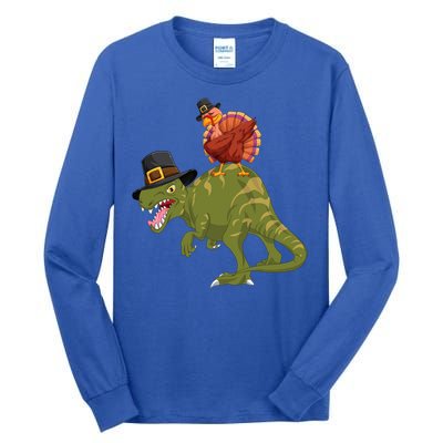 Turkey Riding Trex Dinosaur Thanksgiving Day Pilgrim Gift Tall Long Sleeve T-Shirt