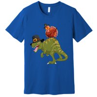 Turkey Riding Trex Dinosaur Thanksgiving Day Pilgrim Gift Premium T-Shirt