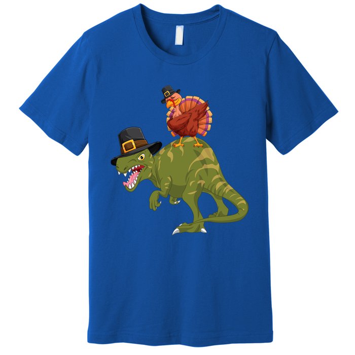 Turkey Riding Trex Dinosaur Thanksgiving Day Pilgrim Gift Premium T-Shirt