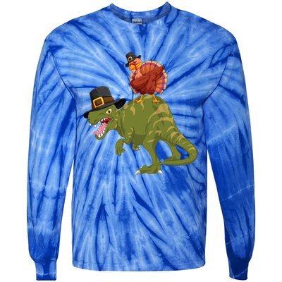 Turkey Riding Trex Dinosaur Thanksgiving Day Pilgrim Gift Tie-Dye Long Sleeve Shirt