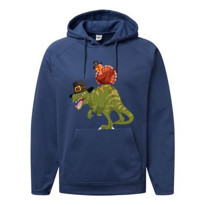 Turkey Riding Trex Dinosaur Thanksgiving Day Pilgrim Gift Performance Fleece Hoodie