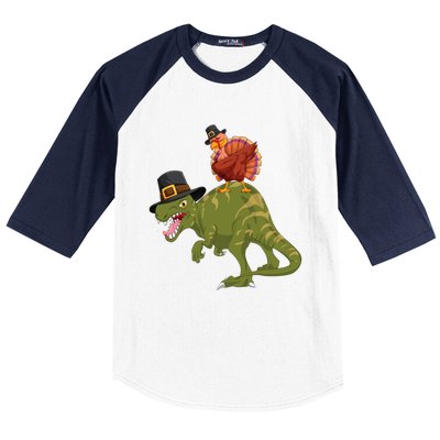 Turkey Riding Trex Dinosaur Thanksgiving Day Pilgrim Gift Baseball Sleeve Shirt