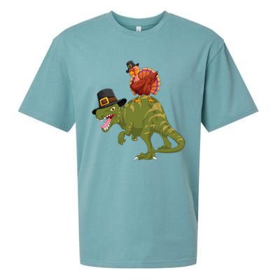 Turkey Riding Trex Dinosaur Thanksgiving Day Pilgrim Gift Sueded Cloud Jersey T-Shirt