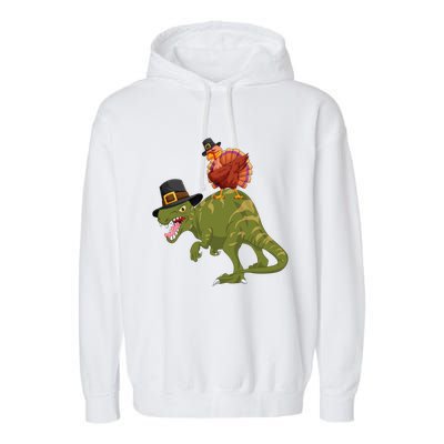 Turkey Riding Trex Dinosaur Thanksgiving Day Pilgrim Gift Garment-Dyed Fleece Hoodie