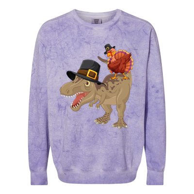 Turkey Riding Trex Dinosaur Thanksgiving Day Pilgrim Gift Colorblast Crewneck Sweatshirt