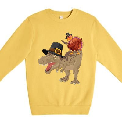 Turkey Riding Trex Dinosaur Thanksgiving Day Pilgrim Gift Premium Crewneck Sweatshirt