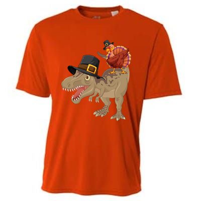 Turkey Riding Trex Dinosaur Thanksgiving Day Pilgrim Gift Cooling Performance Crew T-Shirt