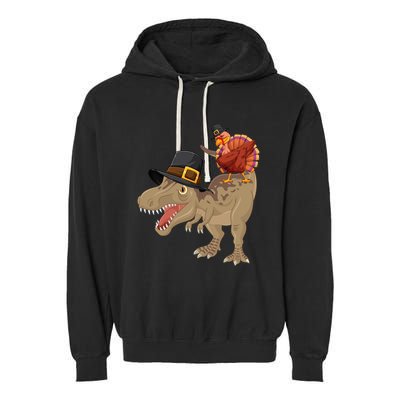 Turkey Riding Trex Dinosaur Thanksgiving Day Pilgrim Gift Garment-Dyed Fleece Hoodie