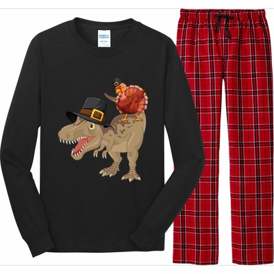 Turkey Riding Trex Dinosaur Thanksgiving Day Pilgrim Gift Long Sleeve Pajama Set