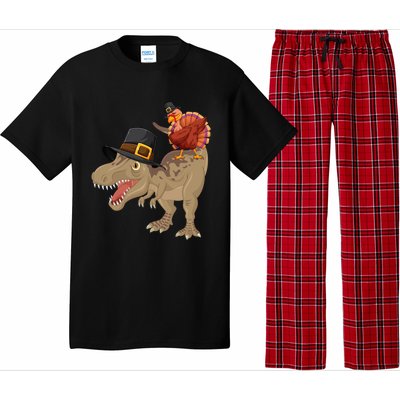 Turkey Riding Trex Dinosaur Thanksgiving Day Pilgrim Gift Pajama Set