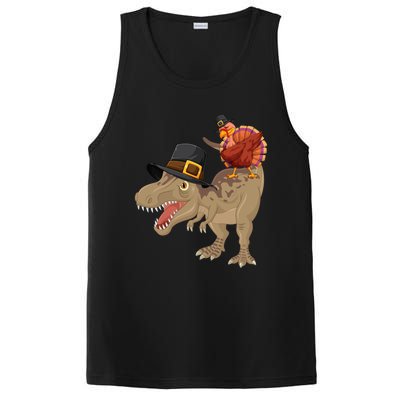 Turkey Riding Trex Dinosaur Thanksgiving Day Pilgrim Gift PosiCharge Competitor Tank