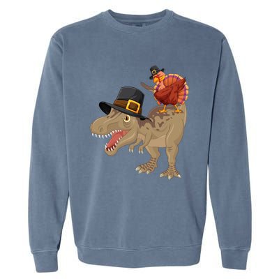 Turkey Riding Trex Dinosaur Thanksgiving Day Pilgrim Gift Garment-Dyed Sweatshirt