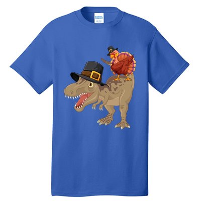 Turkey Riding Trex Dinosaur Thanksgiving Day Pilgrim Gift Tall T-Shirt