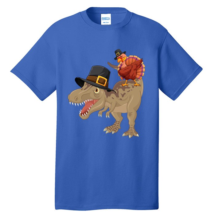 Turkey Riding Trex Dinosaur Thanksgiving Day Pilgrim Gift Tall T-Shirt