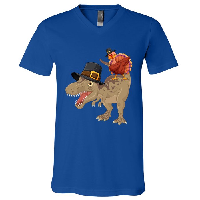 Turkey Riding Trex Dinosaur Thanksgiving Day Pilgrim Gift V-Neck T-Shirt