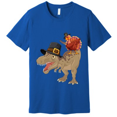 Turkey Riding Trex Dinosaur Thanksgiving Day Pilgrim Gift Premium T-Shirt