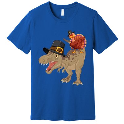 Turkey Riding Trex Dinosaur Thanksgiving Day Pilgrim Gift Premium T-Shirt