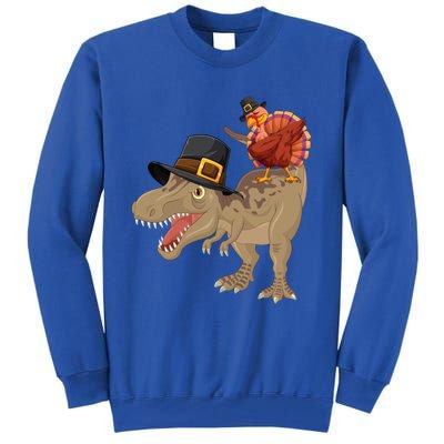 Turkey Riding Trex Dinosaur Thanksgiving Day Pilgrim Gift Tall Sweatshirt