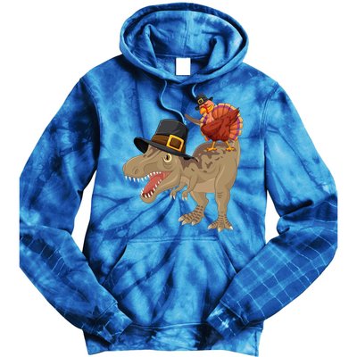 Turkey Riding Trex Dinosaur Thanksgiving Day Pilgrim Gift Tie Dye Hoodie