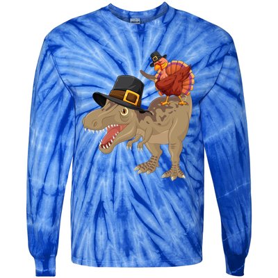 Turkey Riding Trex Dinosaur Thanksgiving Day Pilgrim Gift Tie-Dye Long Sleeve Shirt