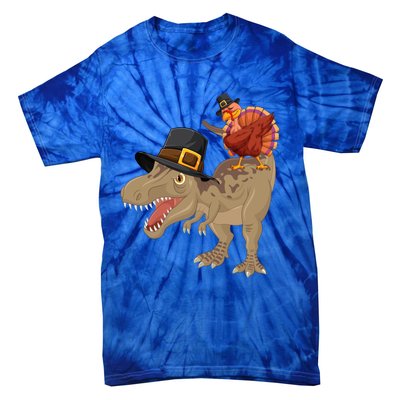 Turkey Riding Trex Dinosaur Thanksgiving Day Pilgrim Gift Tie-Dye T-Shirt