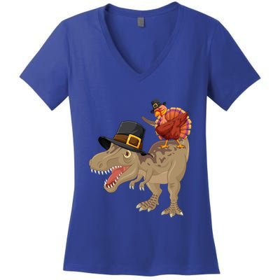 Turkey Riding Trex Dinosaur Thanksgiving Day Pilgrim Gift Women's V-Neck T-Shirt