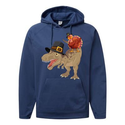 Turkey Riding Trex Dinosaur Thanksgiving Day Pilgrim Gift Performance Fleece Hoodie