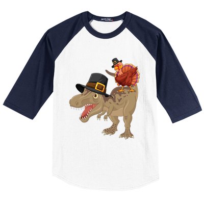 Turkey Riding Trex Dinosaur Thanksgiving Day Pilgrim Gift Baseball Sleeve Shirt