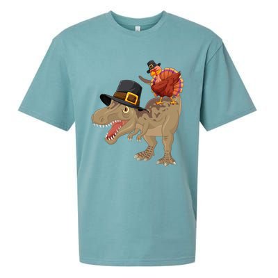 Turkey Riding Trex Dinosaur Thanksgiving Day Pilgrim Gift Sueded Cloud Jersey T-Shirt